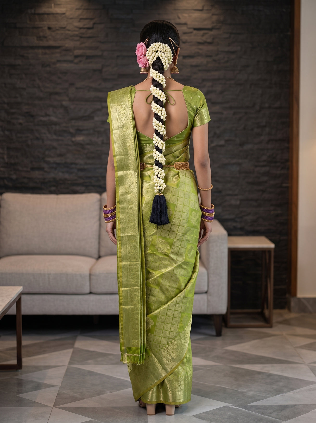 MIMOSA Parrot Green Kanjivaram Art Silk Saree — pose 2 styling detail