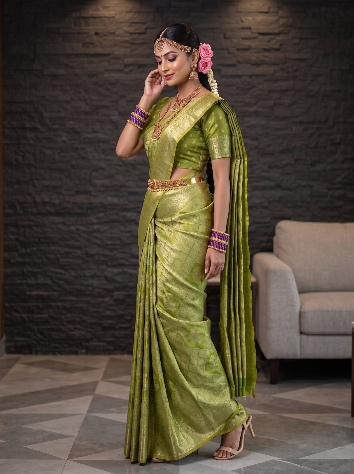 MIMOSA Parrot Green Kanjivaram Art Silk Saree — pose 3 styling detail