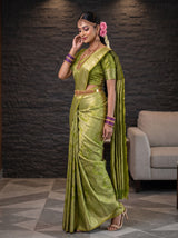 MIMOSA Parrot Green Kanjivaram Art Silk Saree — pose 3 styling detail