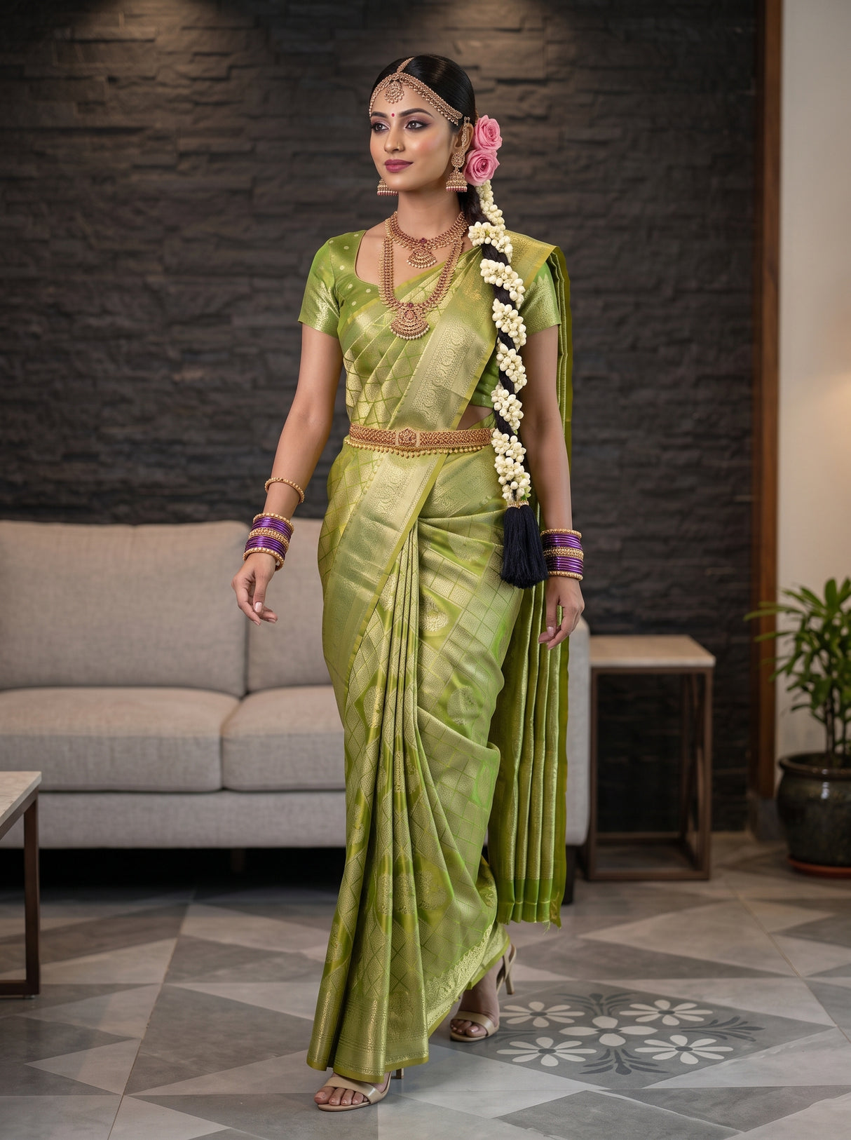 MIMOSA Parrot Green Kanjivaram Art Silk Saree — pose 6 styling detail