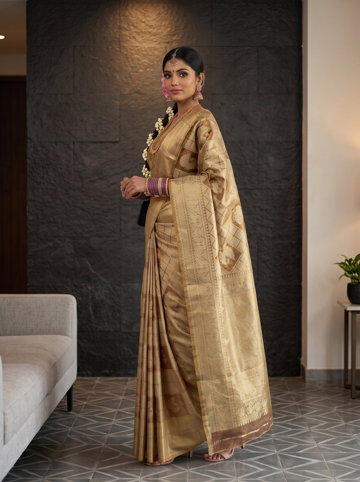 MIMOSA Wine Kanjivaram Art Silk Saree — pose 5 styling detail