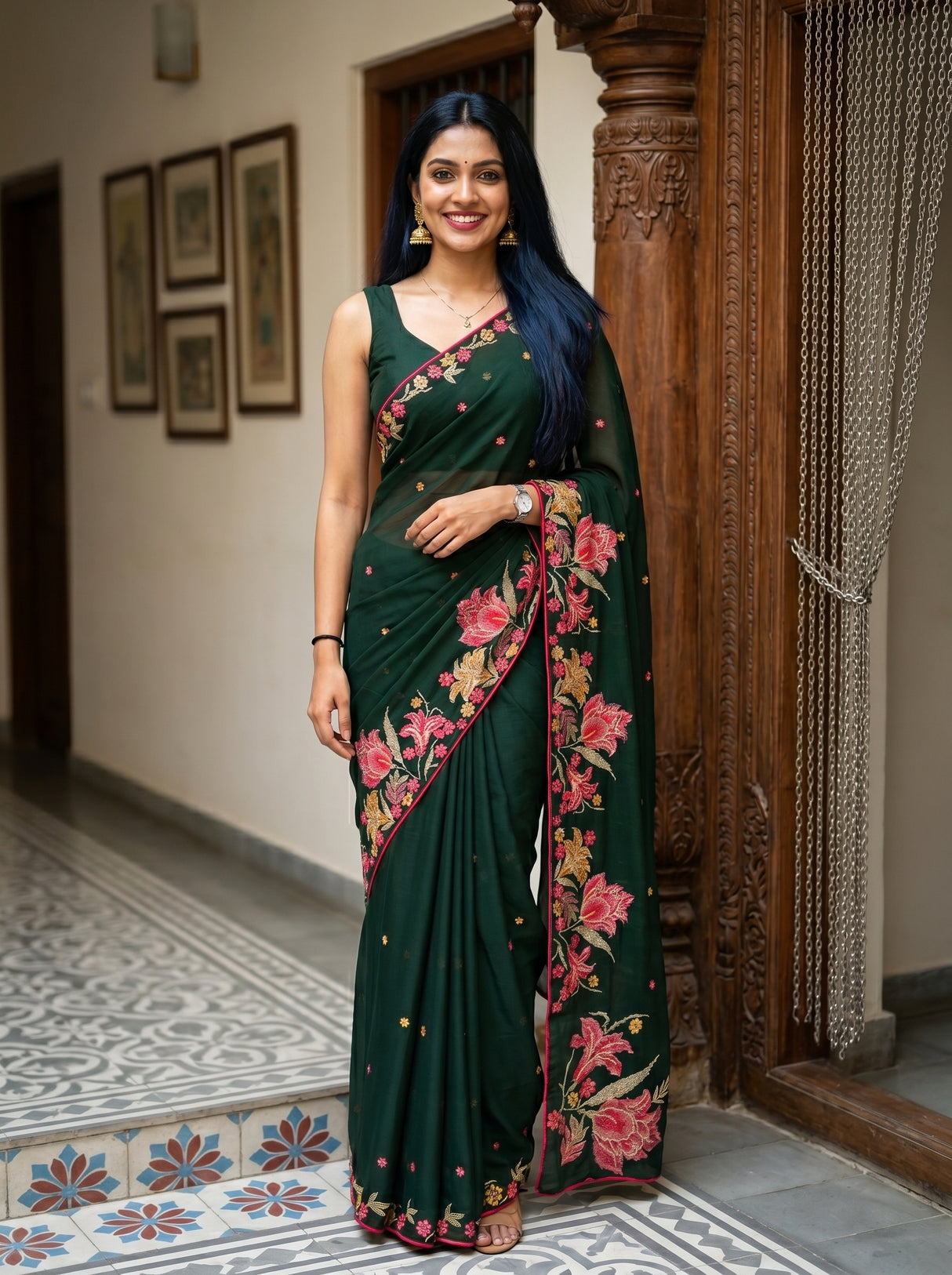 MIMOSA Bottle Green Banarasi chiffon Saree — AI model lifestyle pose