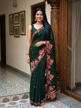 MIMOSA Bottle Green Banarasi chiffon Saree — AI model lifestyle pose