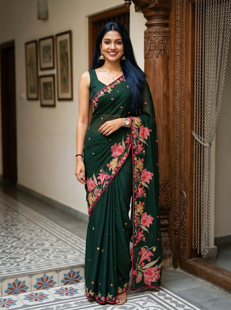 MIMOSA Bottle Green Banarasi chiffon Saree — AI model lifestyle pose