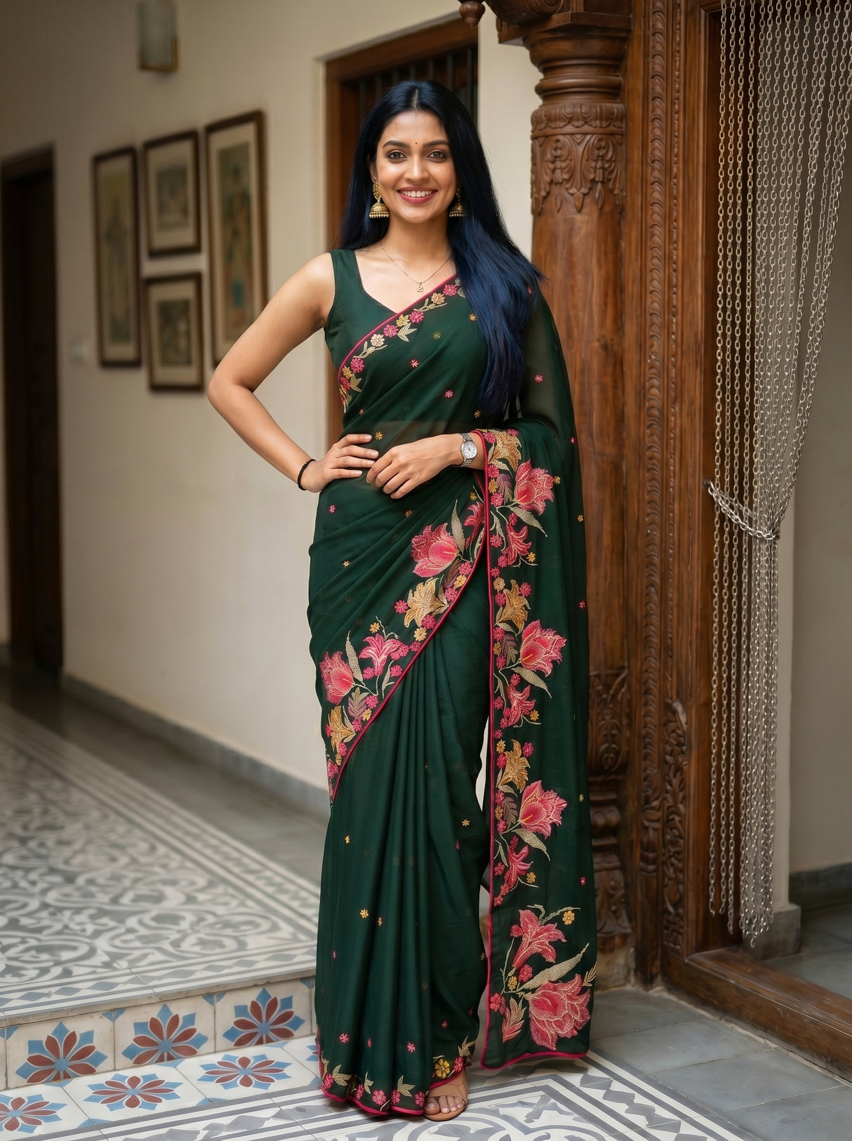 MIMOSA Bottle Green Banarasi chiffon Saree — pose 4 styling detail