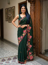 MIMOSA Bottle Green Banarasi chiffon Saree — pose 4 styling detail