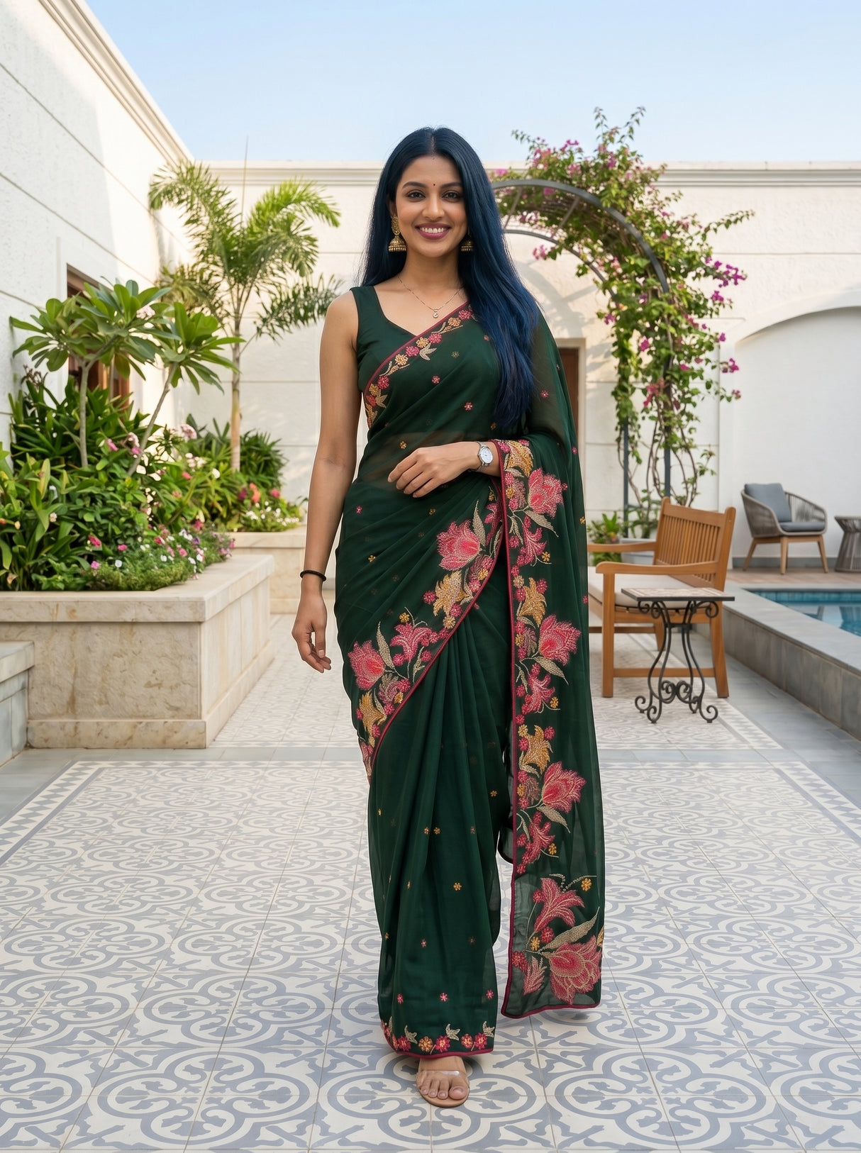 MIMOSA Bottle Green Banarasi chiffon Saree — pose 6 styling detail