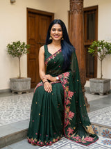 MIMOSA Bottle Green Banarasi chiffon Saree — pose 8 styling detail