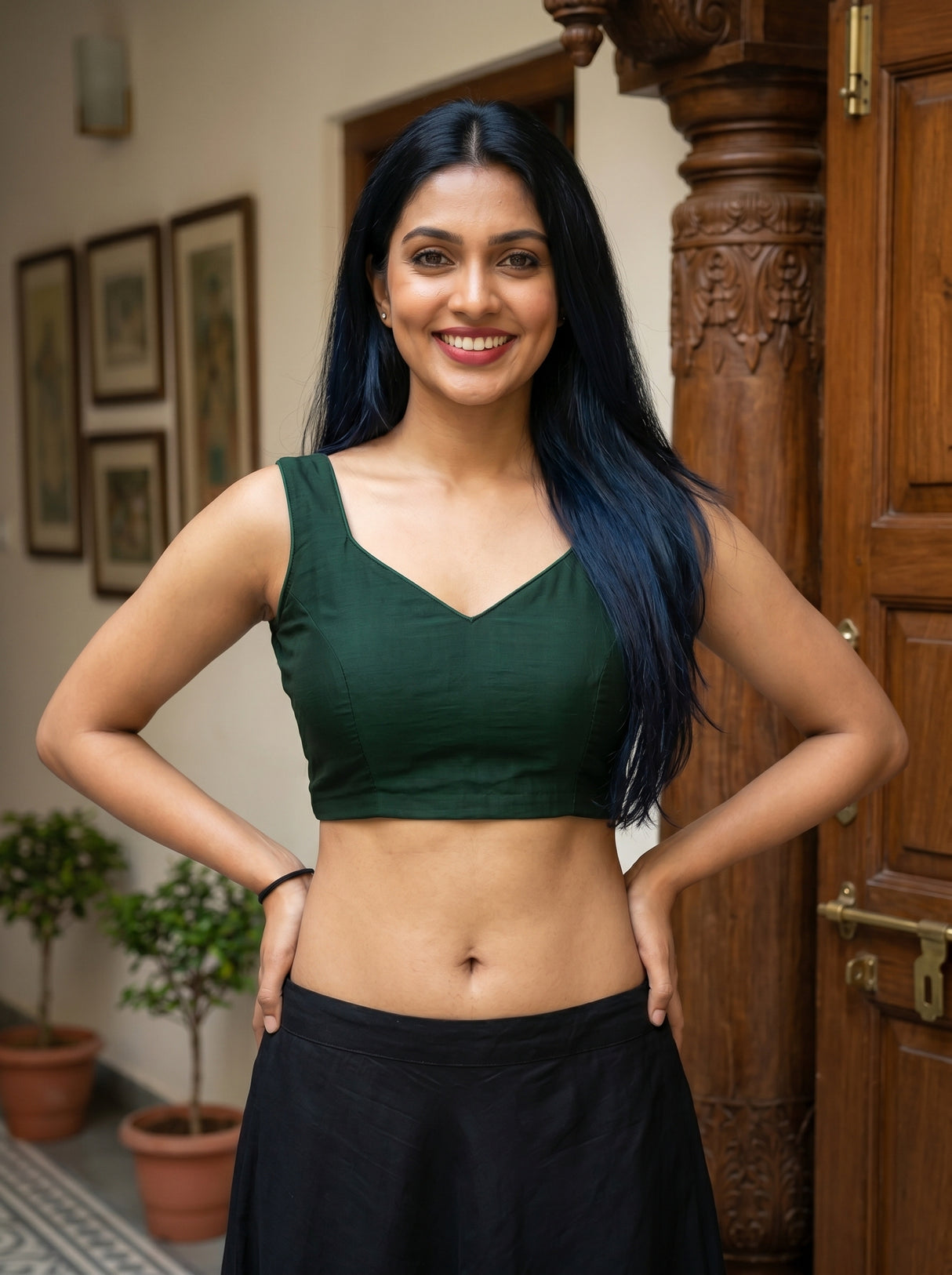 MIMOSA Bottle Green Banarasi chiffon Saree — blouse close-up