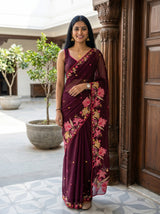 MIMOSA Chocolate Banarasi chiffon Saree — AI model lifestyle pose
