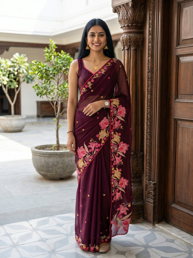 MIMOSA Chocolate Banarasi chiffon Saree — AI model lifestyle pose