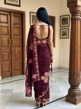 MIMOSA Chocolate Banarasi chiffon Saree — pose 2 styling detail