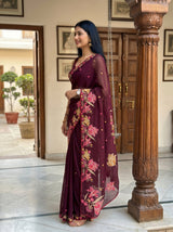 MIMOSA Chocolate Banarasi chiffon Saree — pose 3 styling detail