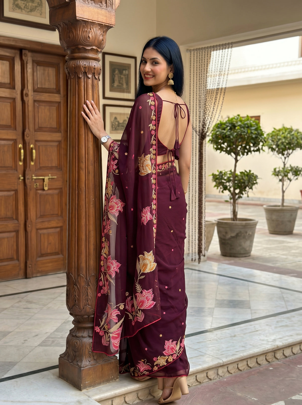 MIMOSA Chocolate Banarasi chiffon Saree — pose 7 styling detail