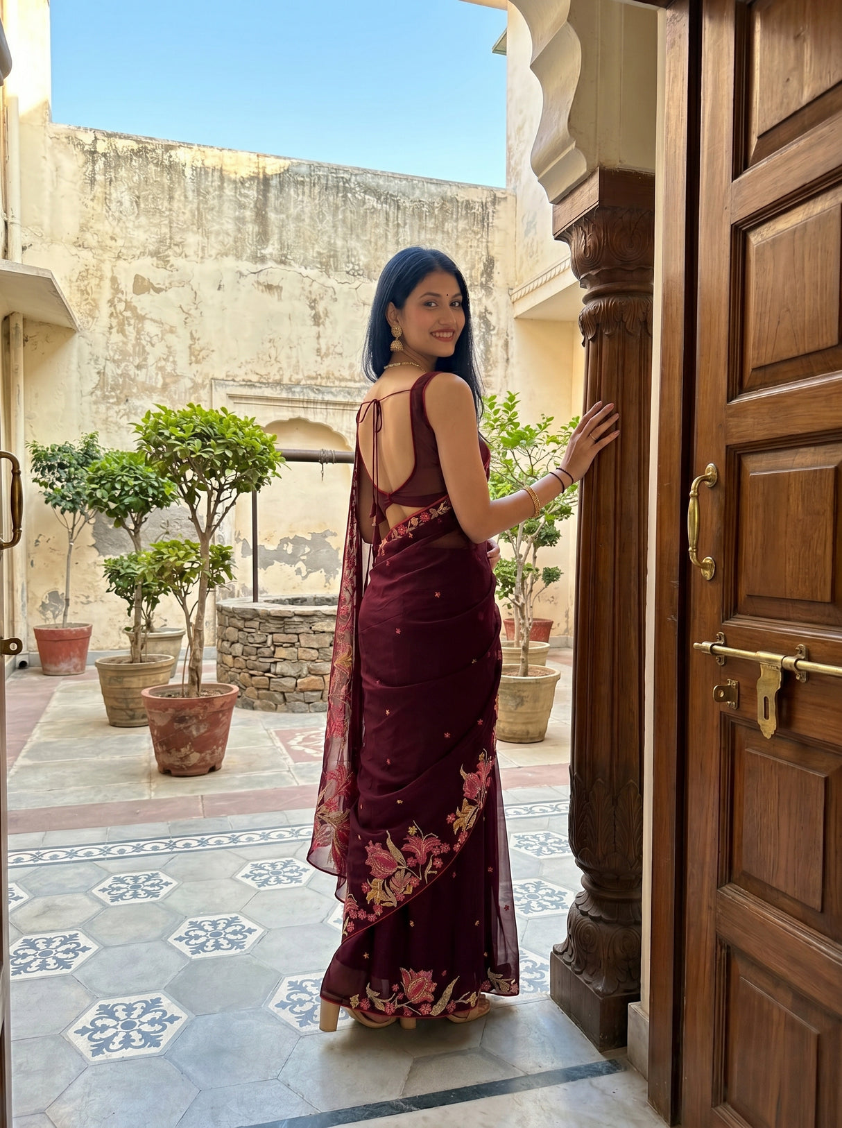 MIMOSA Chocolate Banarasi chiffon Saree — pose 9 styling detail