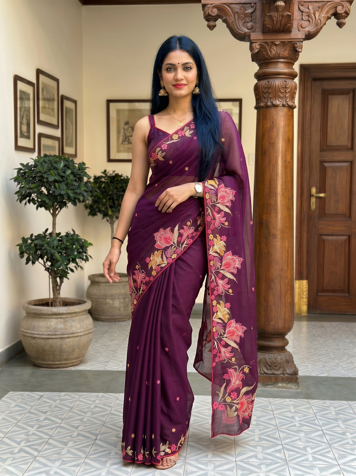 MIMOSA Magenta Banarasi chiffon Saree — pose 10 styling detail