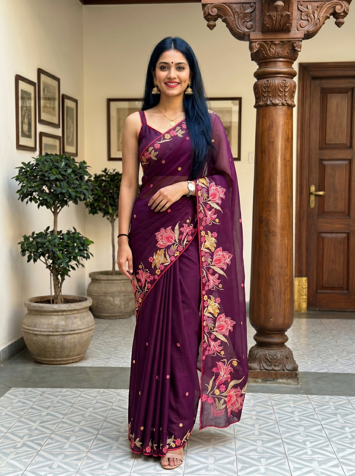 MIMOSA Magenta Banarasi chiffon Saree — AI model lifestyle pose