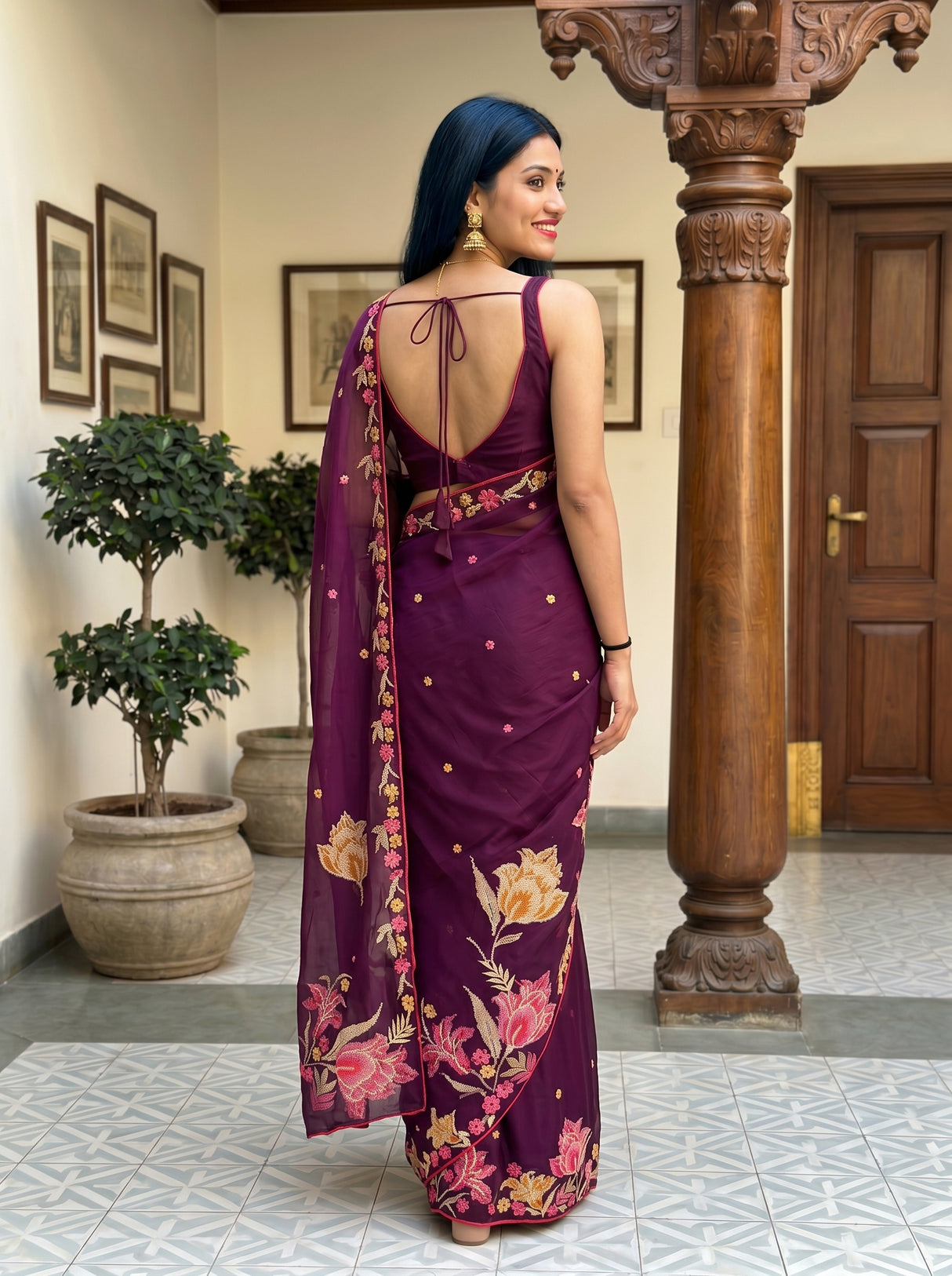 MIMOSA Magenta Banarasi chiffon Saree — pose 2 styling detail