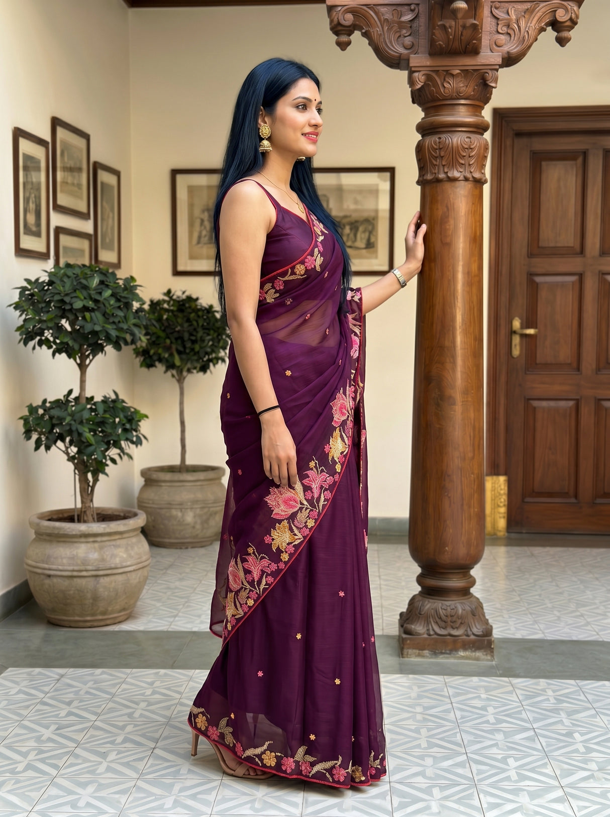 MIMOSA Magenta Banarasi chiffon Saree — pose 3 styling detail