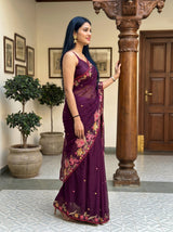MIMOSA Magenta Banarasi chiffon Saree — pose 3 styling detail