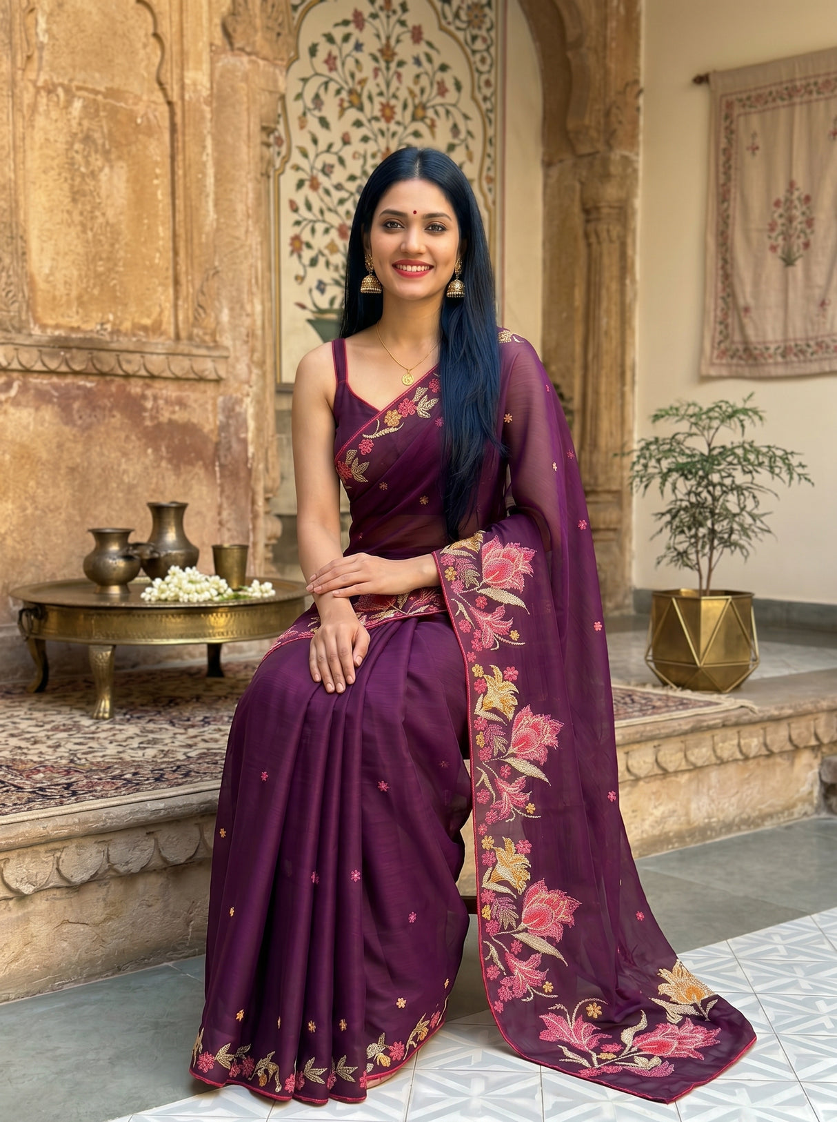 MIMOSA Magenta Banarasi chiffon Saree — pose 8 styling detail
