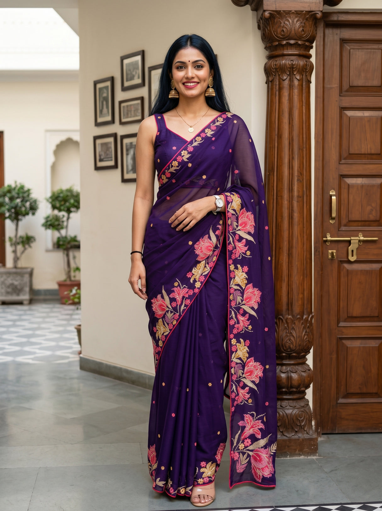 MIMOSA Purple Banarasi chiffon Saree — AI model lifestyle pose