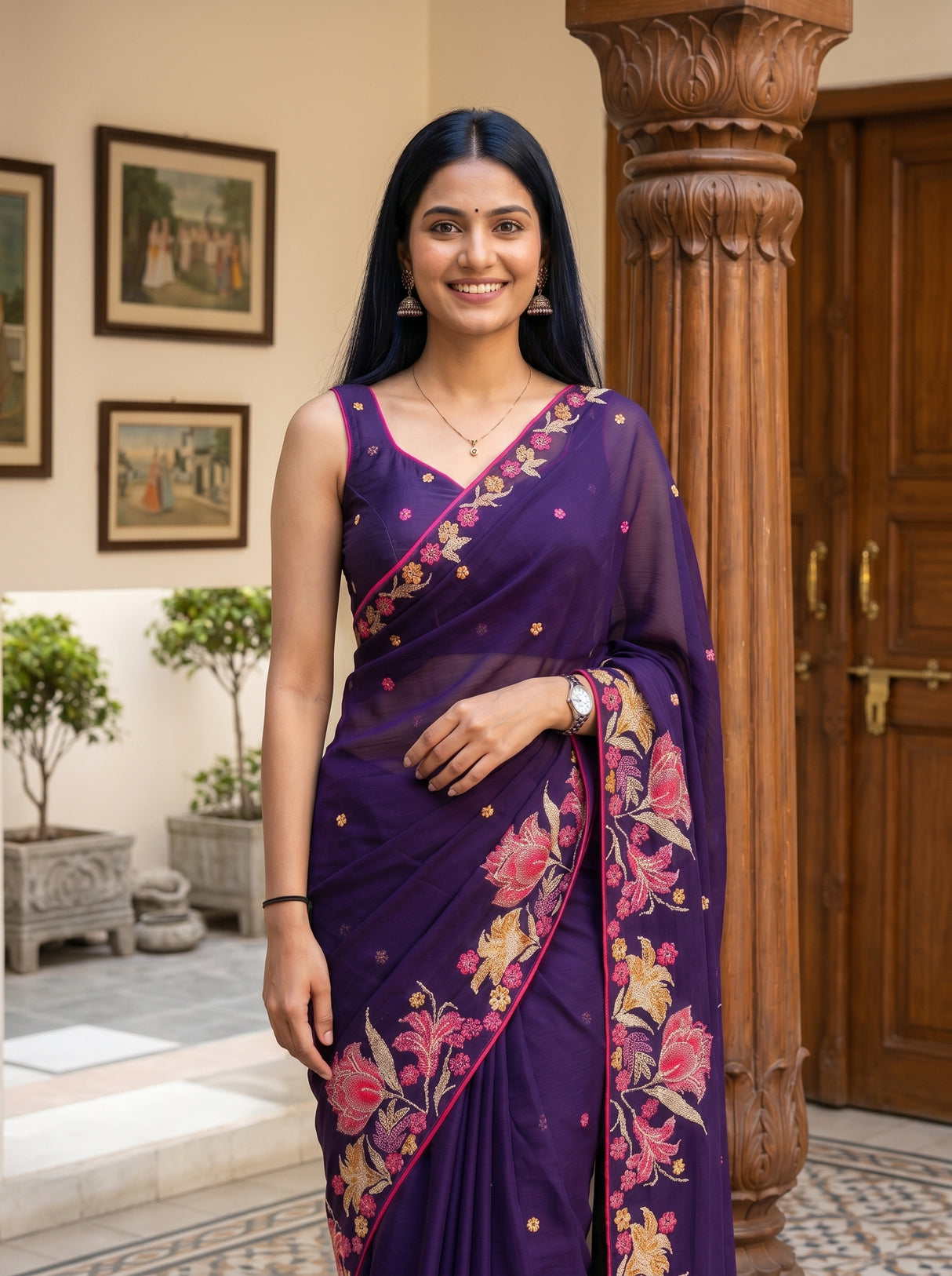 MIMOSA Purple Banarasi chiffon Saree — pose 10 styling detail