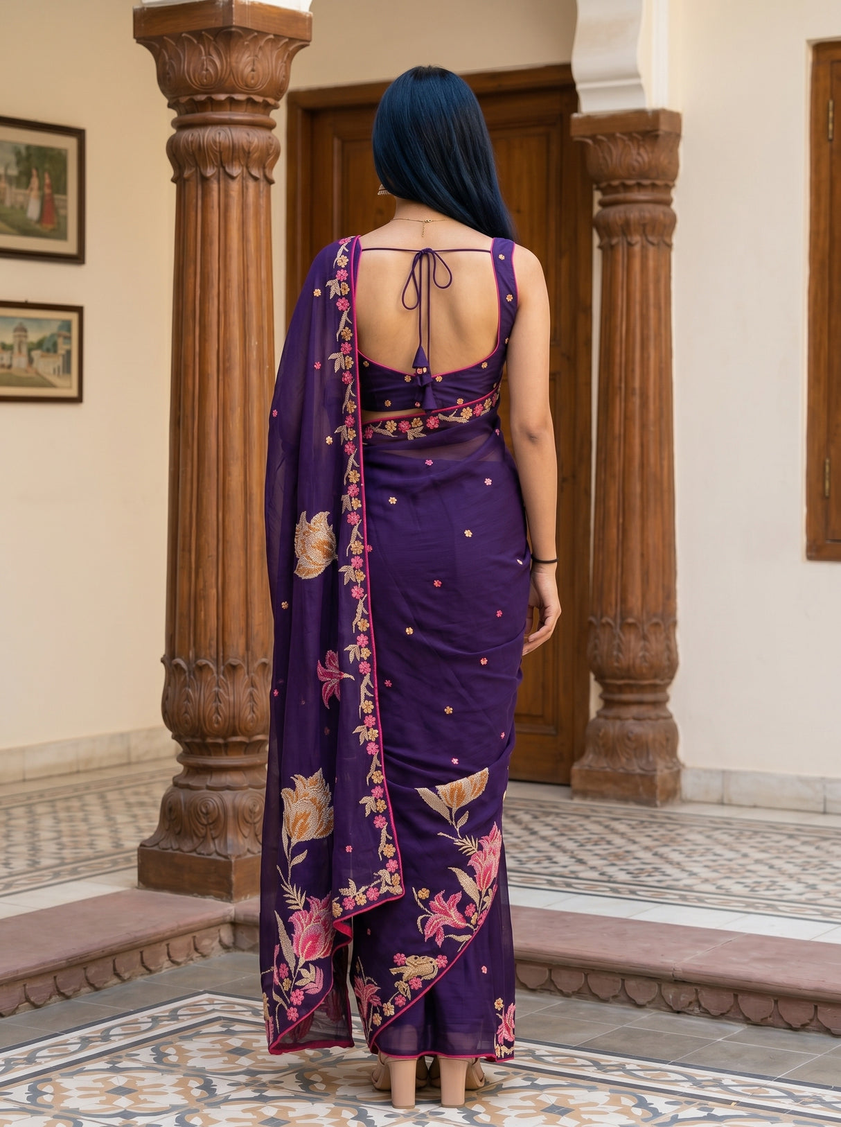 MIMOSA Purple Banarasi chiffon Saree — pose 2 styling detail