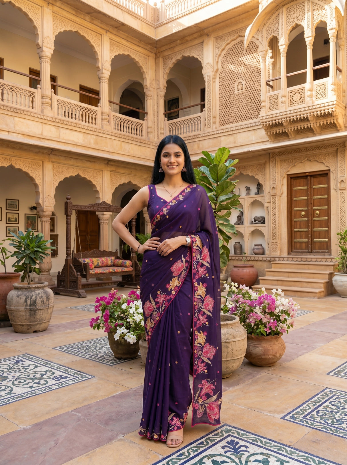 MIMOSA Purple Banarasi chiffon Saree — pose 4 styling detail