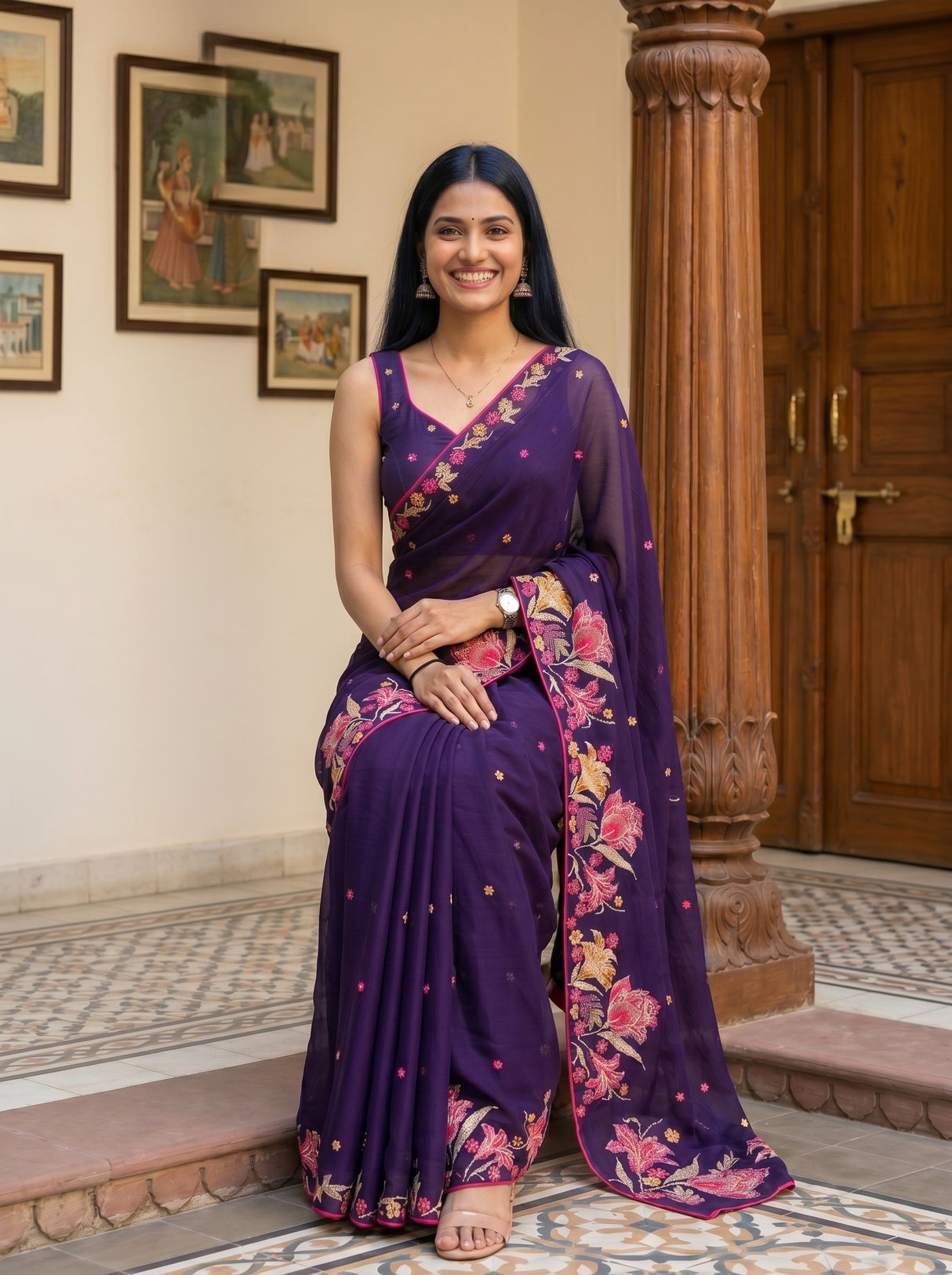 MIMOSA Purple Banarasi chiffon Saree — pose 8 styling detail