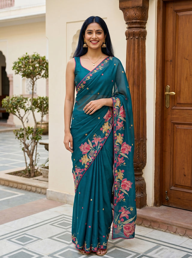 MIMOSA Sapphire Banarasi chiffon Saree — AI model lifestyle pose