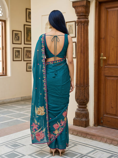 MIMOSA Sapphire Banarasi chiffon Saree — pose 2 styling detail
