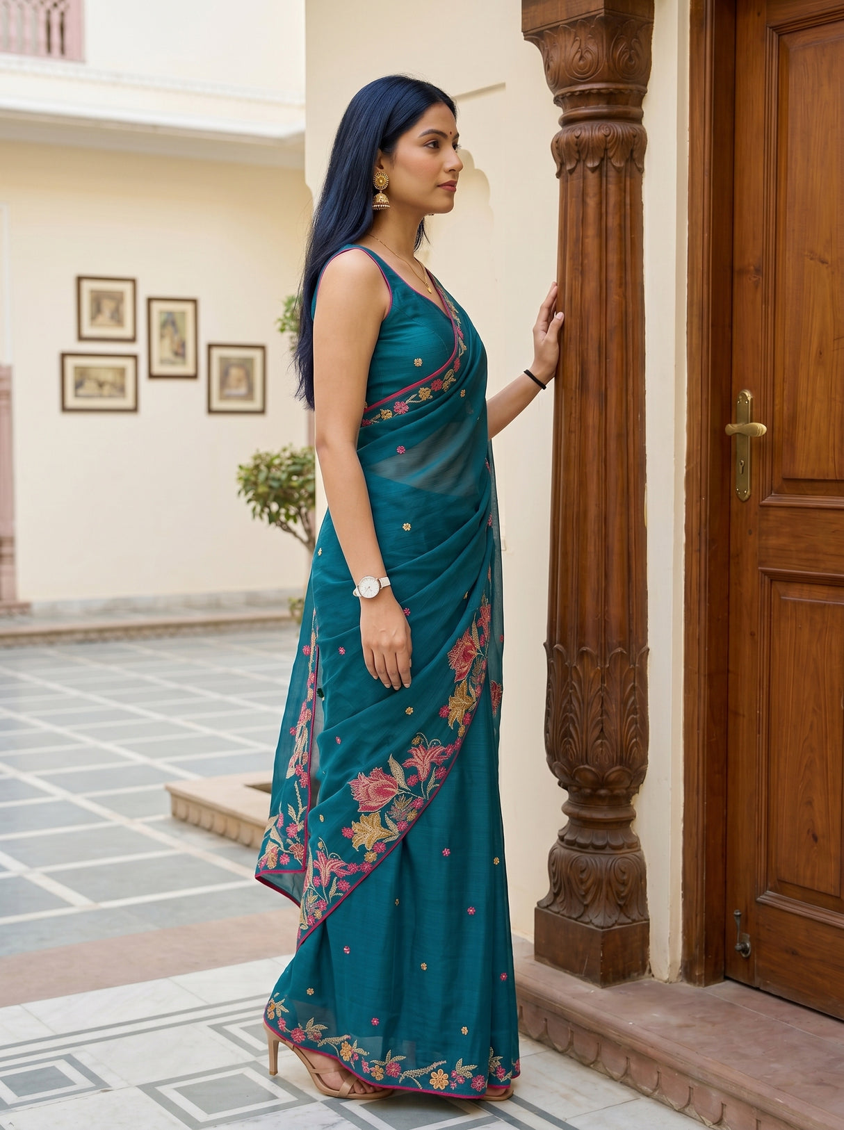 MIMOSA Sapphire Banarasi chiffon Saree — pose 3 styling detail
