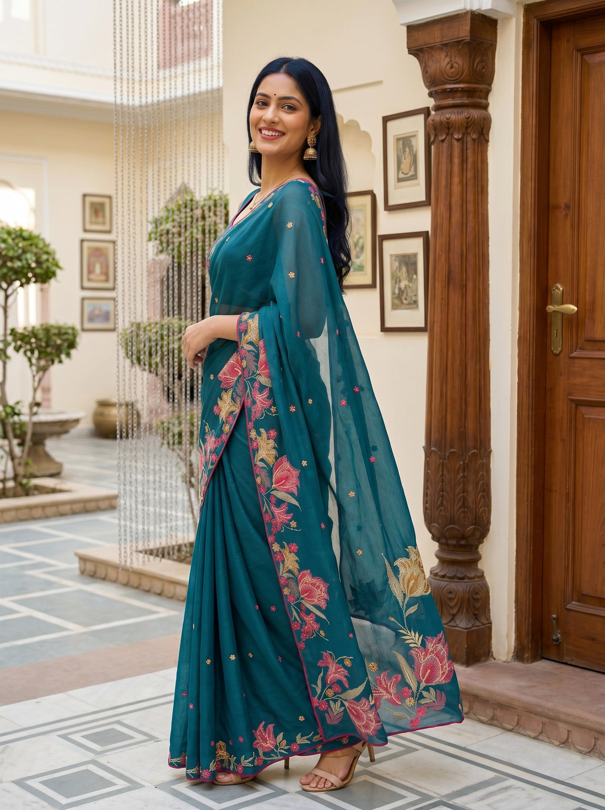 MIMOSA Sapphire Banarasi chiffon Saree — pose 5 styling detail