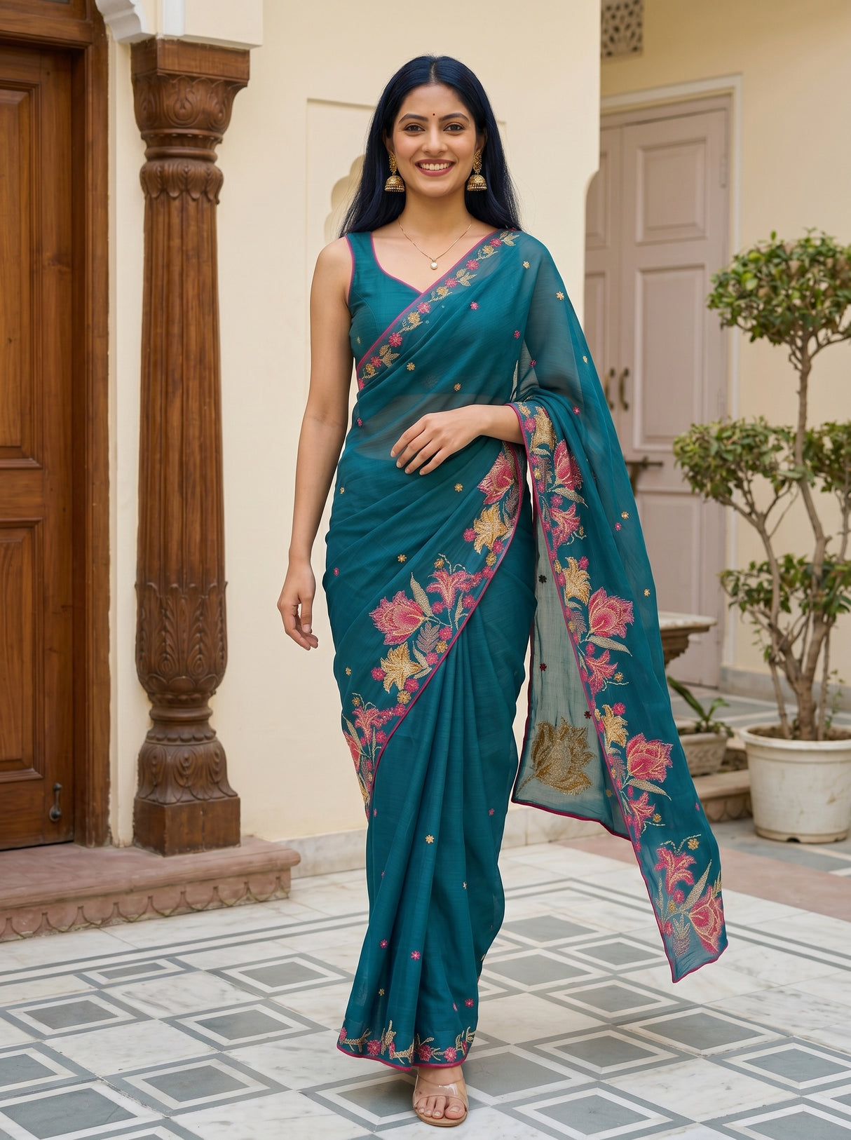 MIMOSA Sapphire Banarasi chiffon Saree — pose 6 styling detail