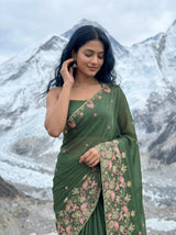 MIMOSA Olive Banarasi chiffon Saree — pose 10 styling detail