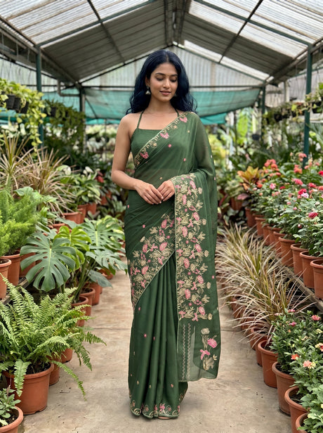 MIMOSA Olive Banarasi chiffon Saree — AI Model lifestyle pose
