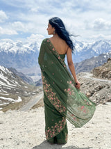 MIMOSA Olive Banarasi chiffon Saree — Model close-up face