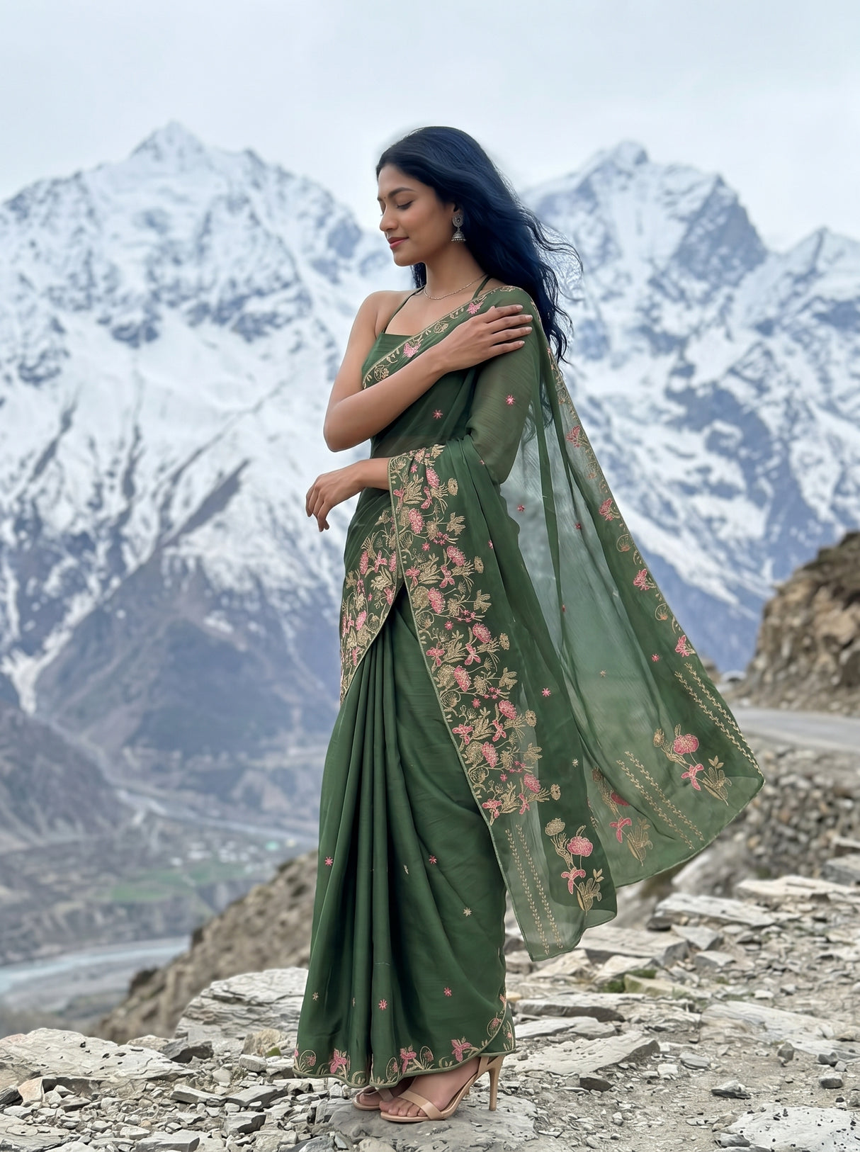 MIMOSA Olive Banarasi chiffon Saree — Model close-up torso