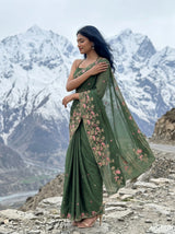 MIMOSA Olive Banarasi chiffon Saree — Model close-up torso