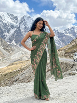 MIMOSA Olive Banarasi chiffon Saree — Model close-up drape