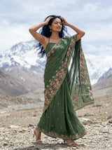 MIMOSA Olive Banarasi chiffon Saree — Model full length