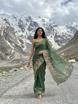 MIMOSA Olive Banarasi chiffon Saree — pose 6 styling detail