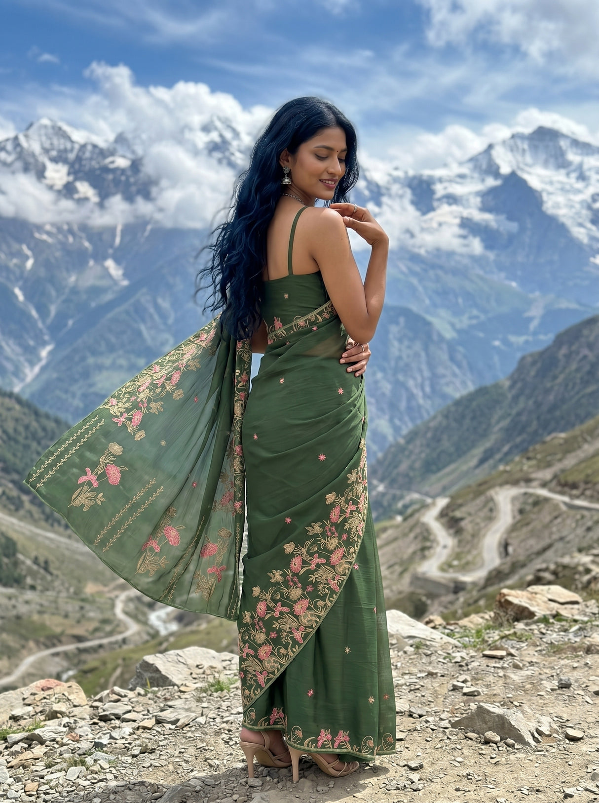 MIMOSA Olive Banarasi chiffon Saree — pose 7 styling detail