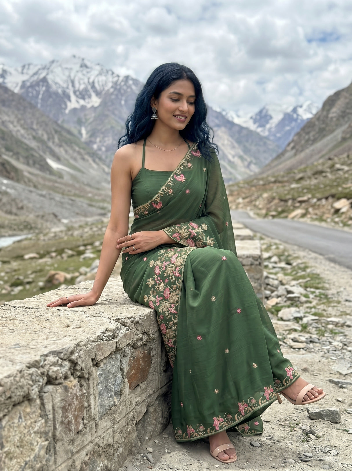 MIMOSA Olive Banarasi chiffon Saree — pose 8 styling detail