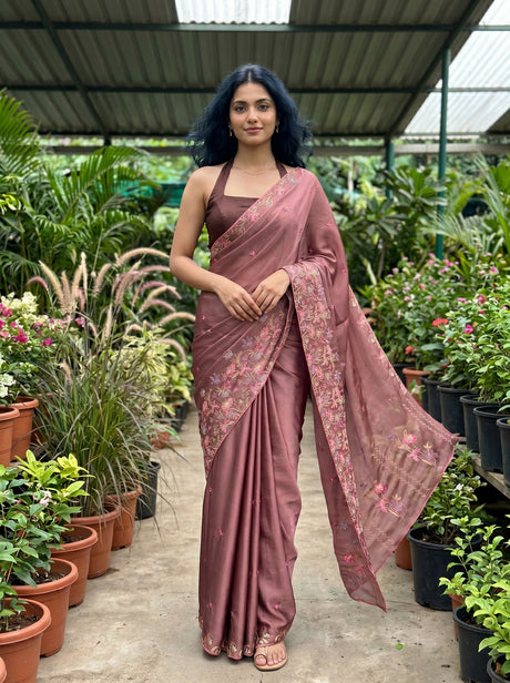 MIMOSA Peach Banarasi chiffon Saree — AI Model lifestyle pose