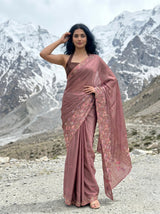 MIMOSA Peach Banarasi chiffon Saree — Model close-up drape