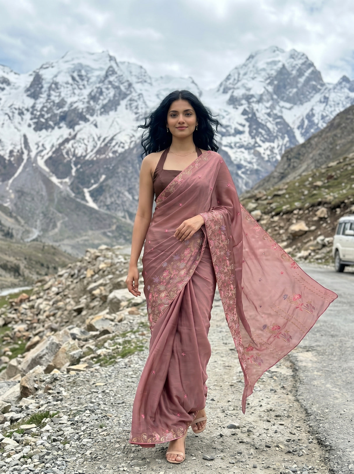 MIMOSA Peach Banarasi chiffon Saree — pose 6 styling detail