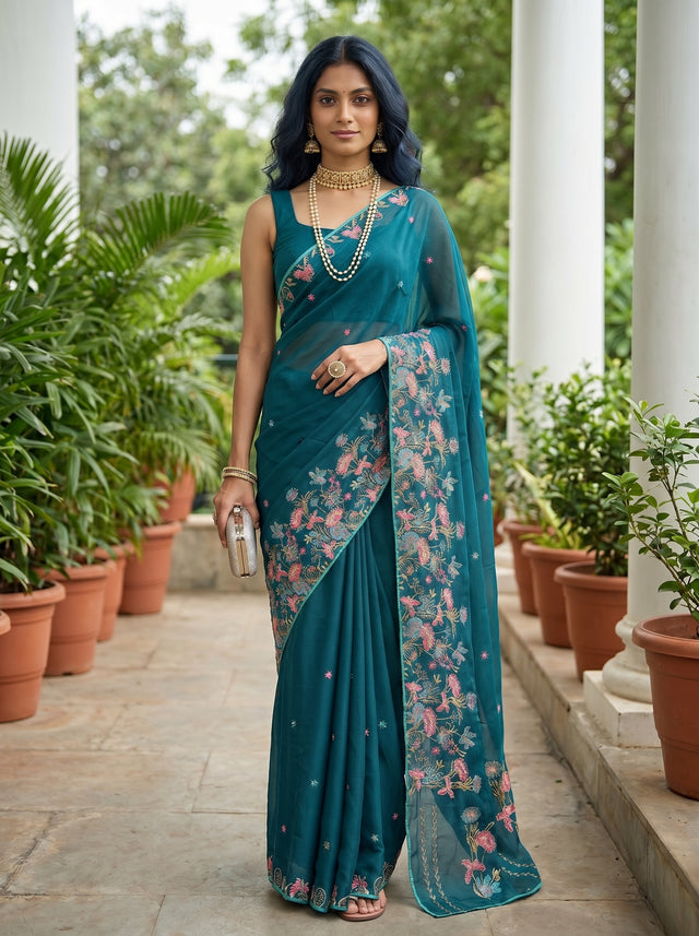 MIMOSA Sapphire Banarasi chiffon Saree — AI Model lifestyle pose