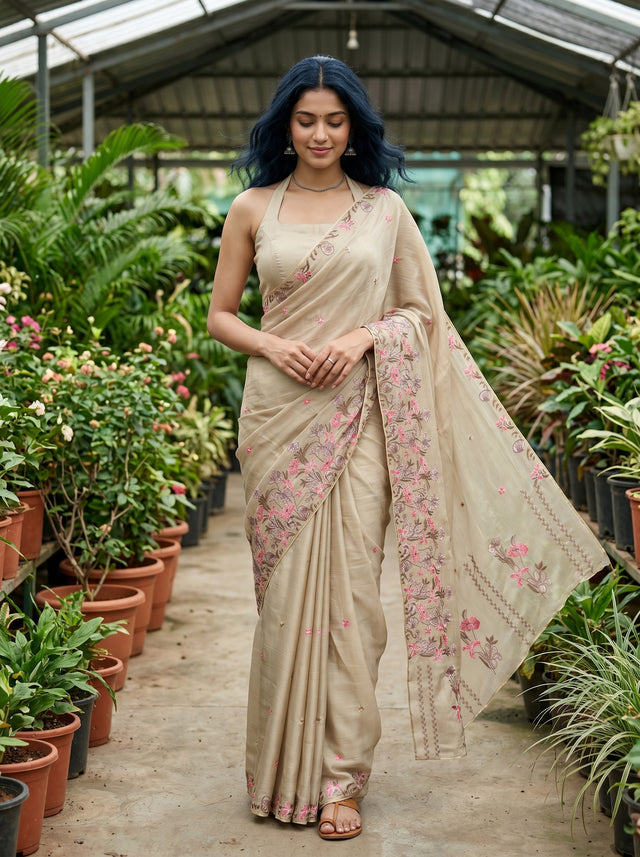 MIMOSA Tussar Banarasi chiffon Saree — AI Model lifestyle pose